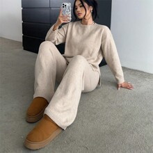 Soft & Slimming Versatile Casual Wide Leg Pants Set With Long Sleeve Knitted Sweater | SHEIN