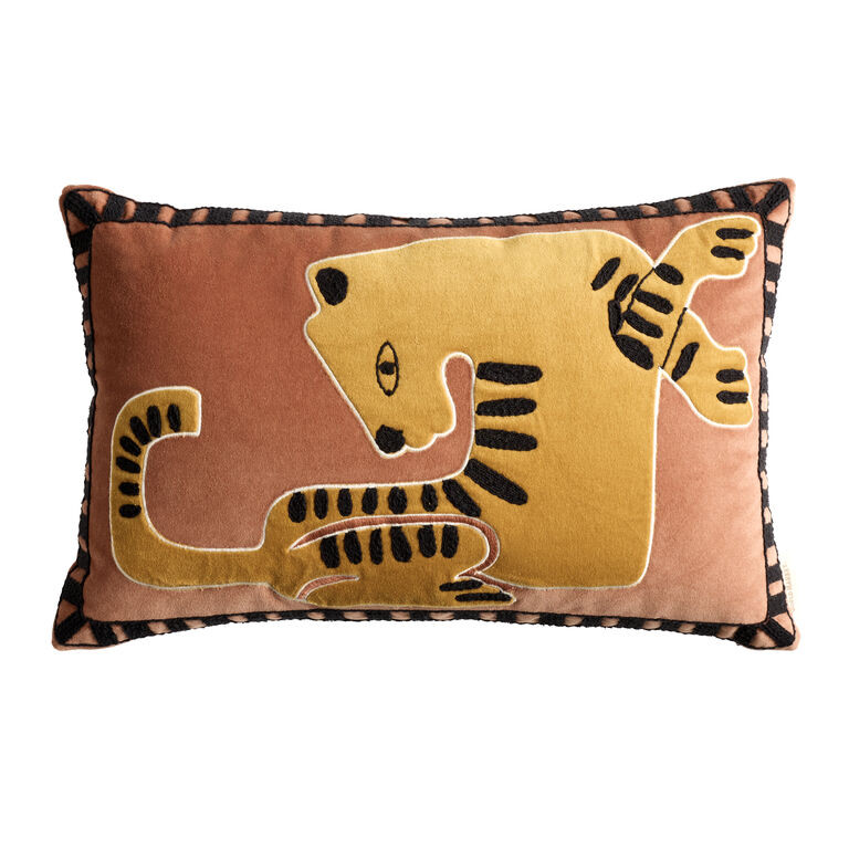 Clay and Golden Yellow Velvet Tiger Lumbar Pillow | World Market