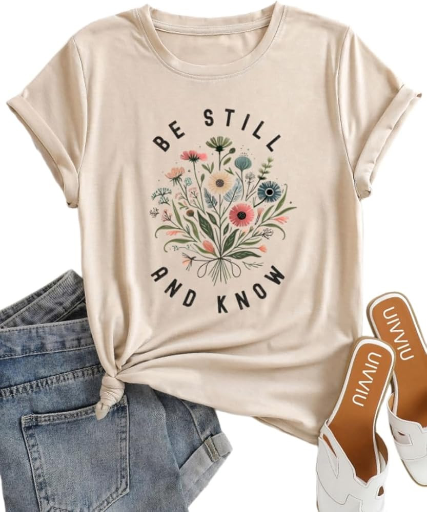 Be Still and Know Shirts for Women Casual Short Sleeve Christian Tee Tops | Amazon (US)