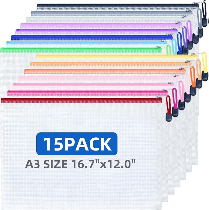 15 Pack Large Mesh Zipper Pouch Bags, 15 Colors A3 Size (16.7x12 in) | Amazon (US)