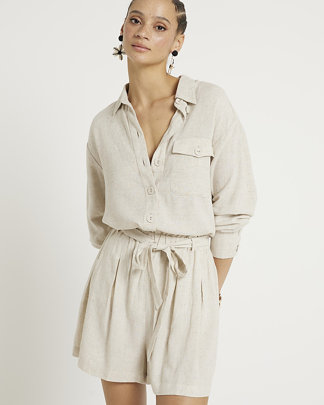 Stone linen blend pocket shirt | River Island (UK & IE)