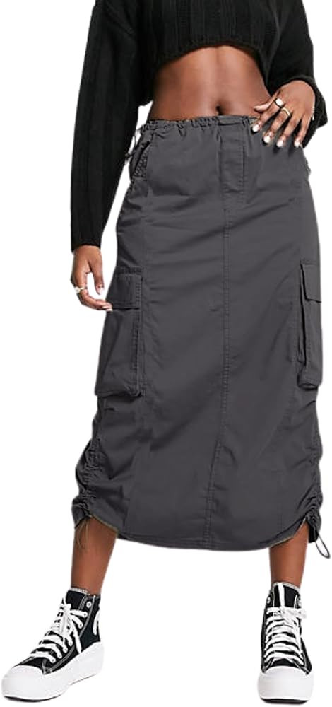 BLUEMING Women Y2k Cargo Long Skirt Low Waist Drawstring Maxi Skirt Ruched Vintage Slit Cargo Ski... | Amazon (US)