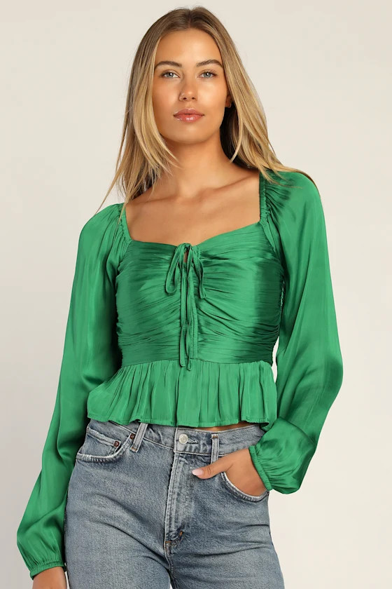 On Re-Pleat Green Satin Pleated Balloon Sleeve Top | Lulus (US)