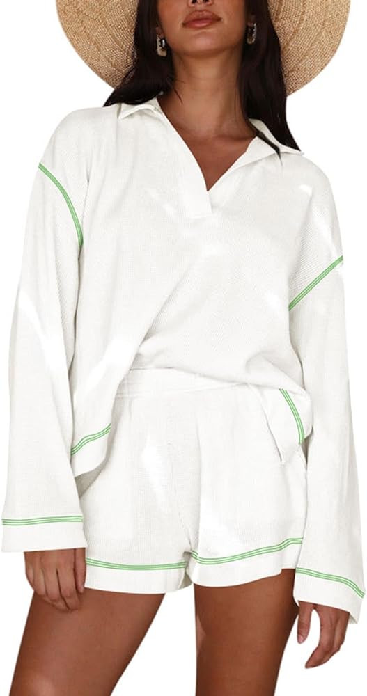 Pink Queen Women's 2023 Fall Casual Waffle Knit Long Sleeve Lounge Sets Casual Top and Shorts 2 Piece Outfits Sweatsuit | Amazon (US)