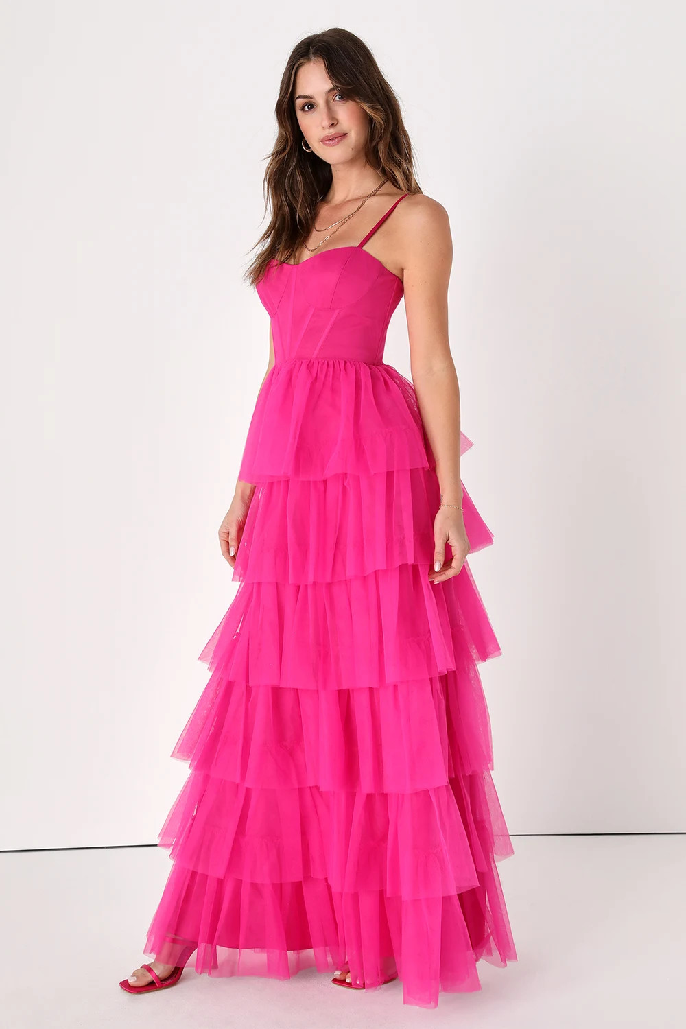 Rule the Runway Hot Pink Tulle Bustier Tiered Maxi Dress | Lulus