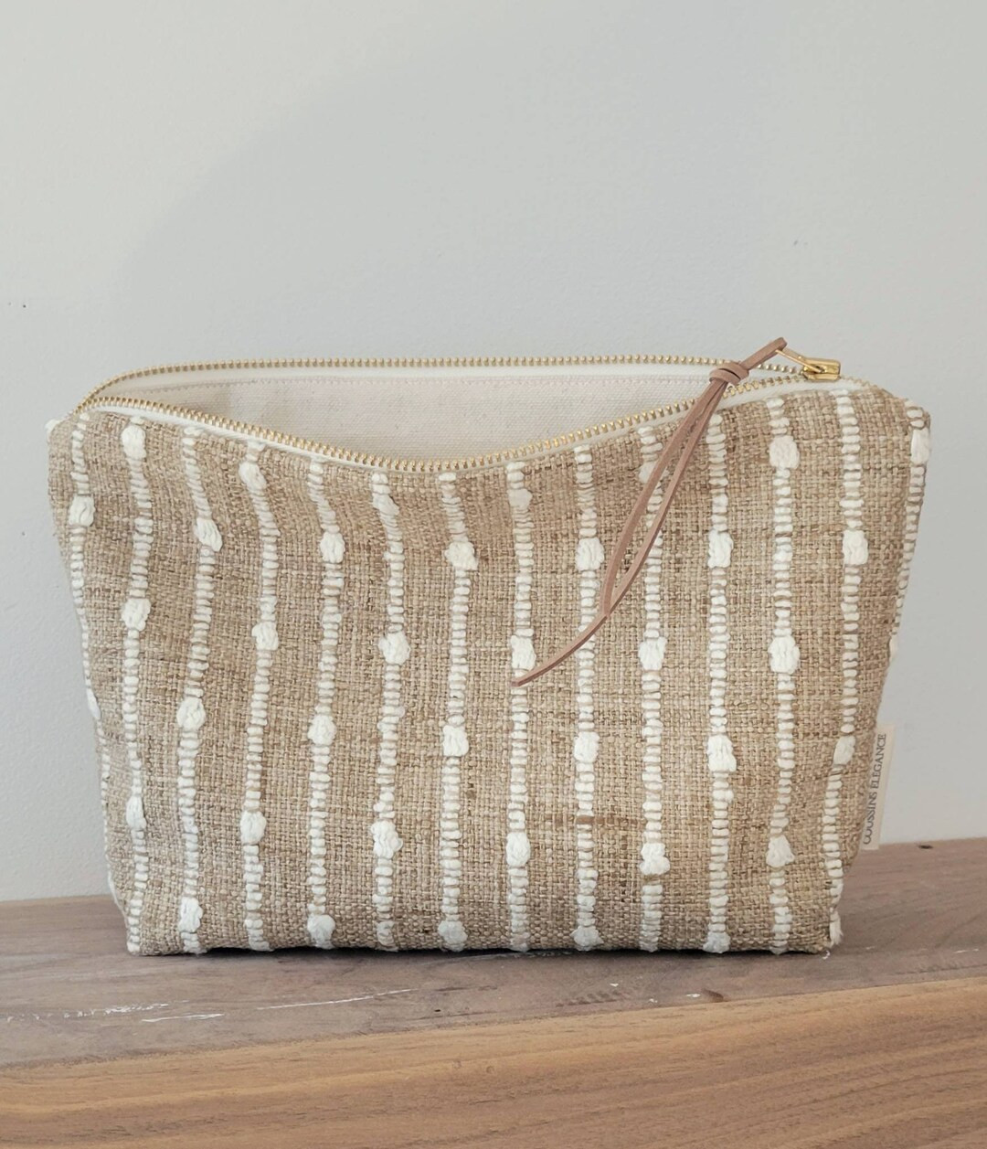 Boho textured makeup bag, woven cosmetic bag, white stripe burlap look pouch, rustic farmhouse ma... | Etsy (US)