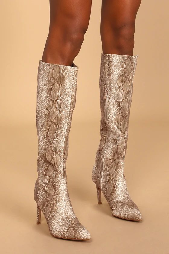 Bourbon Cream Python-Embossed Knee-High Boots | Lulus (US)