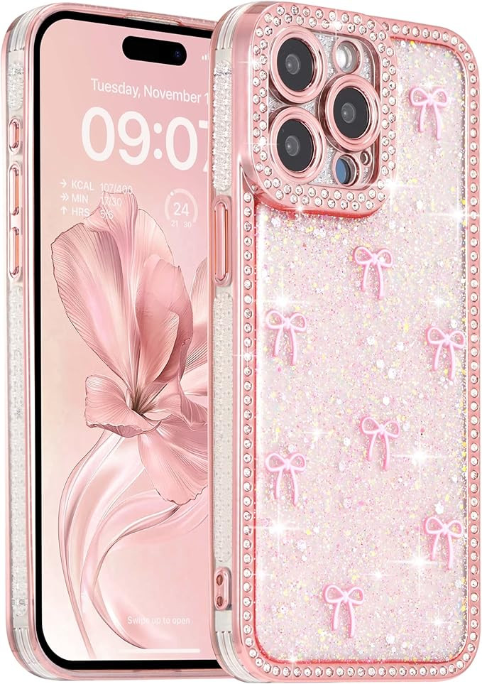 FABSPARK Case for iPhone 16e,3D Pink Ribbon Bow,Crystal Clear Glitter Diamond Rhinestone Sequin S... | Amazon (US)