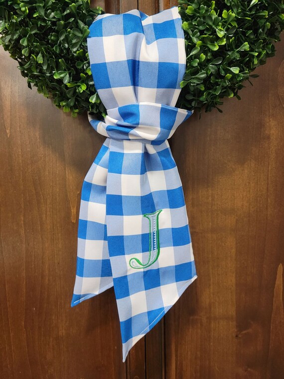 Plaid monogram wreath sash, gingham, buffalo plaid, boxwood, embroidered, monogram, ribbon, sprin... | Etsy (US)