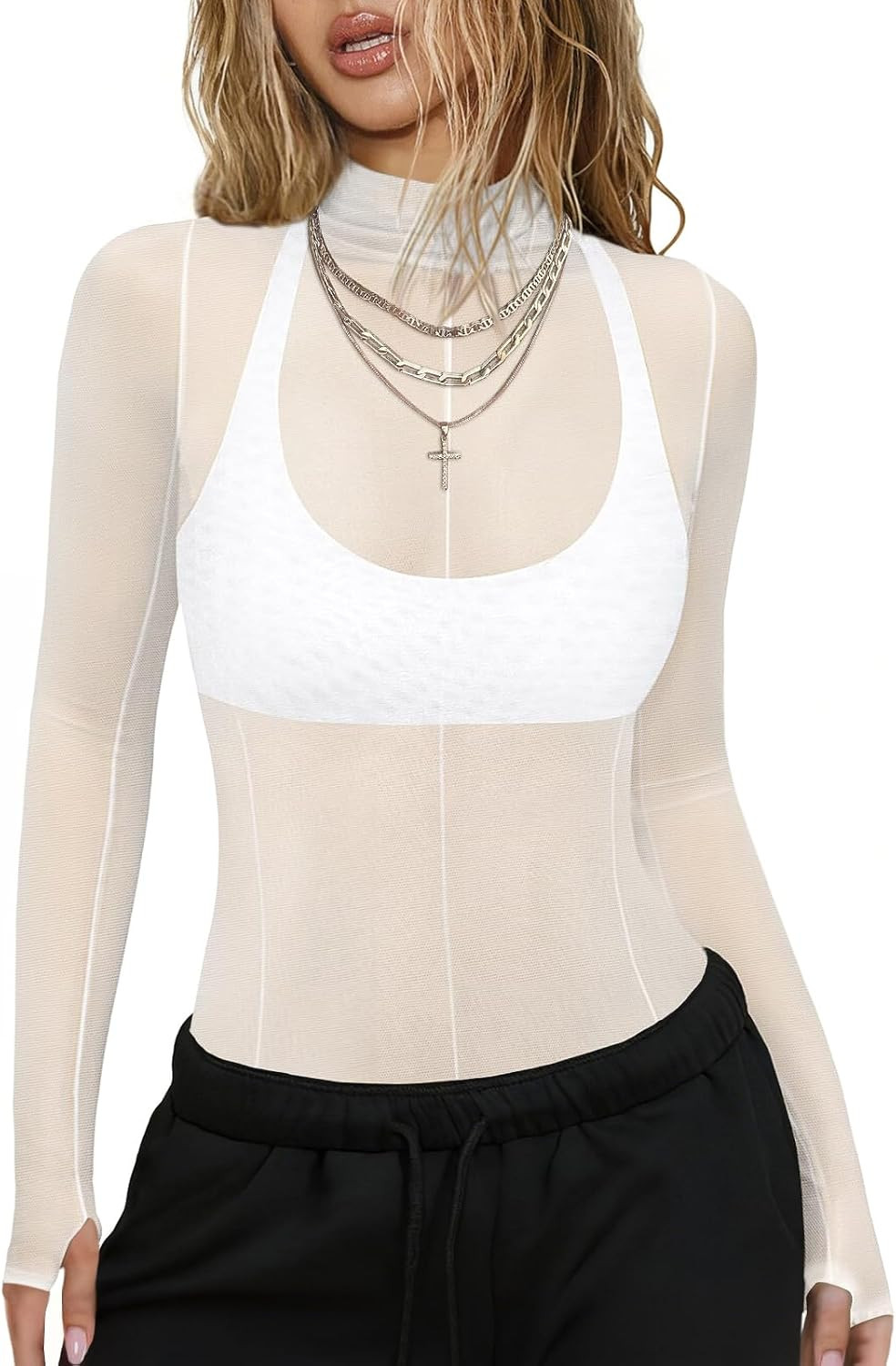 Womens Mesh Sheer Long Sleeve Tops Mock Neck Going Out Shirt | Amazon (US)