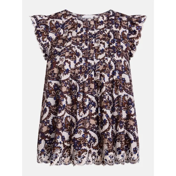 Scenario Women's and Women's Plus Short Sleeve Pleated Embroidered Printed Top, Sizes XS-4X | Walmart (US)
