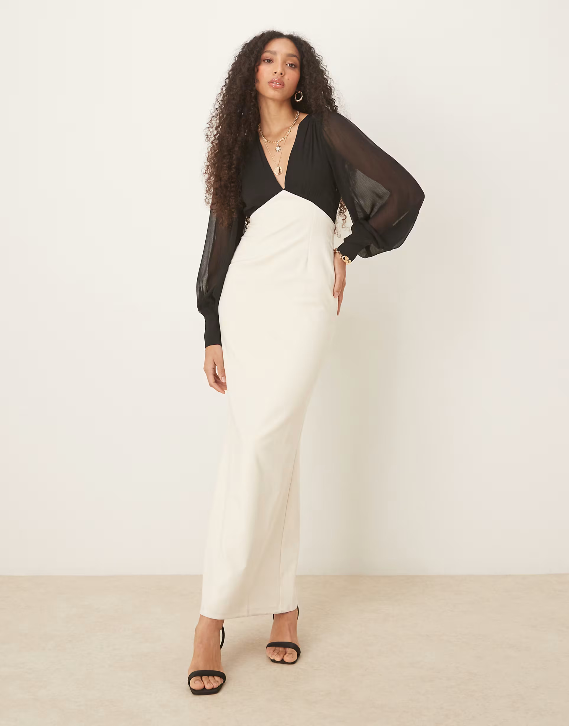 Pretty Lavish balloon sleeve contrast maxi dress in black and white | ASOS (Global)