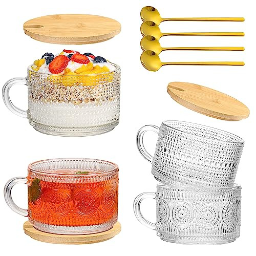 GUUTRY Vintage Coffee Mugs Set of 4: Glass Coffee Cups with Bamboo Lids and Spoons - 14 Oz Clear Embossed Glassware Tea Cups - Iced Coffee Glasses, Coffee Bar Accessories | Amazon (US)