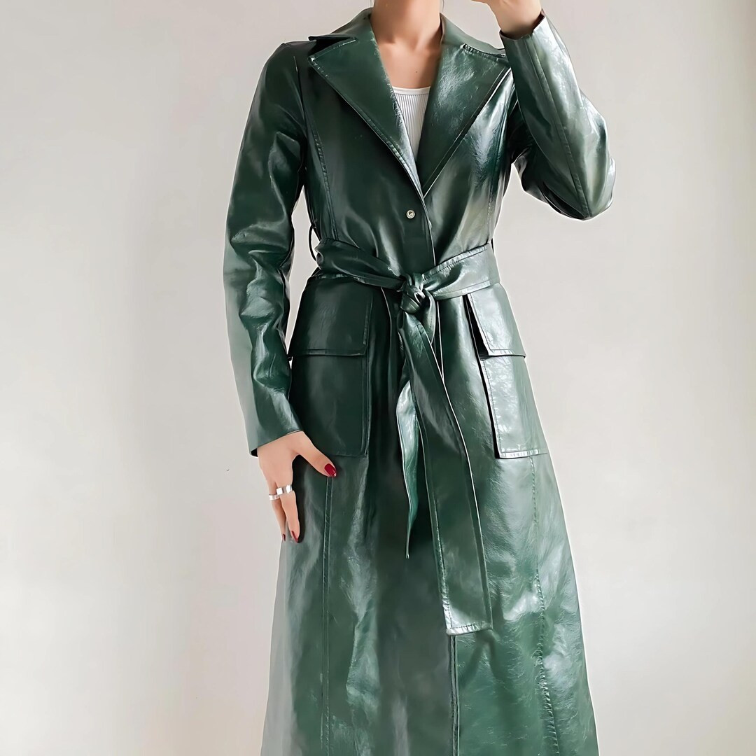 90s Green Sheepskin Leather Trench Coat: Gothic Winter Overcoat - Etsy | Etsy (US)