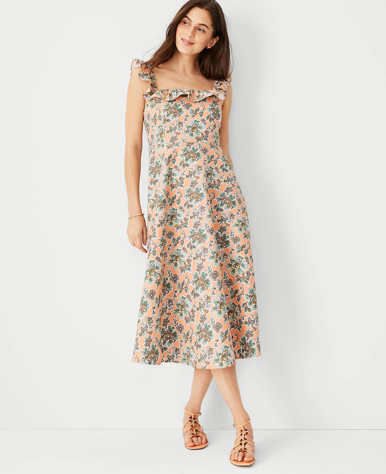 Floral Cotton Linen Ruffle Square Neck Flare Dress | Ann Taylor | Ann Taylor (US)