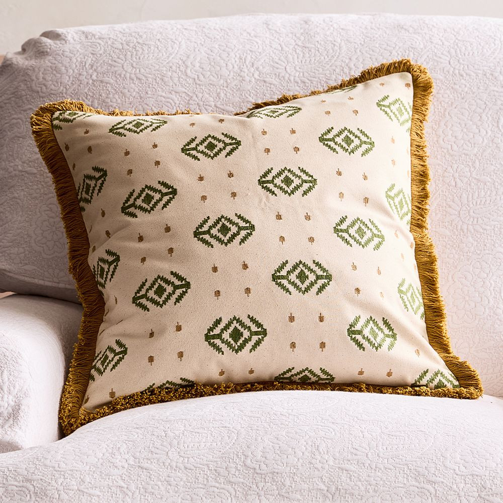 Geometric Embroidery Fringe Trimmed Pillow Cover | GreenRow
