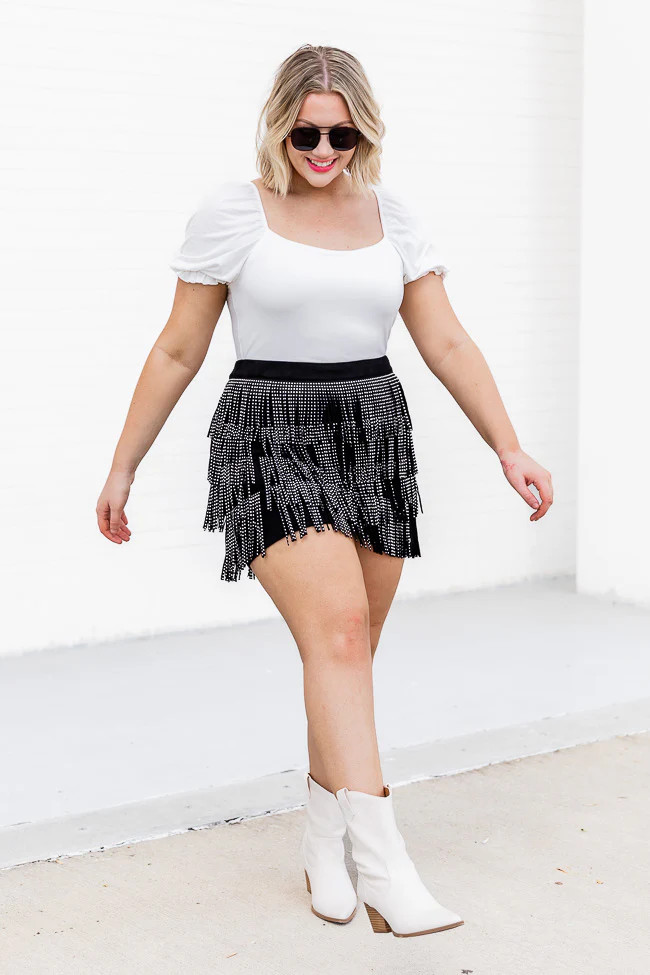 Born To Fly Black Studded Fringe Skirt | Pink Lily