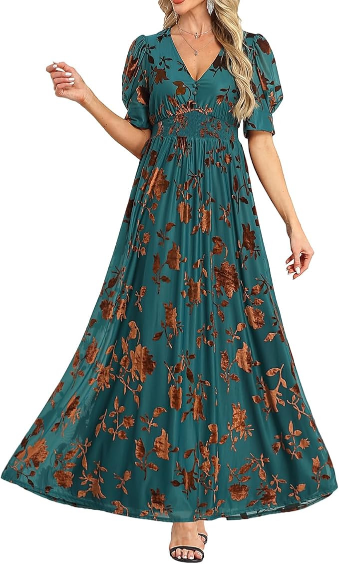 Pinup Fashion Velvet Wedding Guest Dress - Fall Formal Holiday V Neck Empire Waist Long Dresses | Amazon (US)