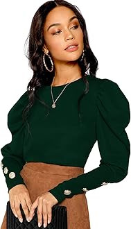 Milumia Women Puff Sleeve Button Round Neck Long Sleeve Tee Pullovers Tops | Amazon (US)
