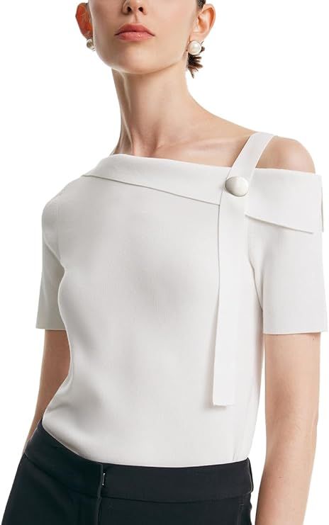 GOELIA Women's One Shoulder Short Sleeve Knit T-Shirt 2024 Dressy White Pullover Slim Fit Busines... | Amazon (US)
