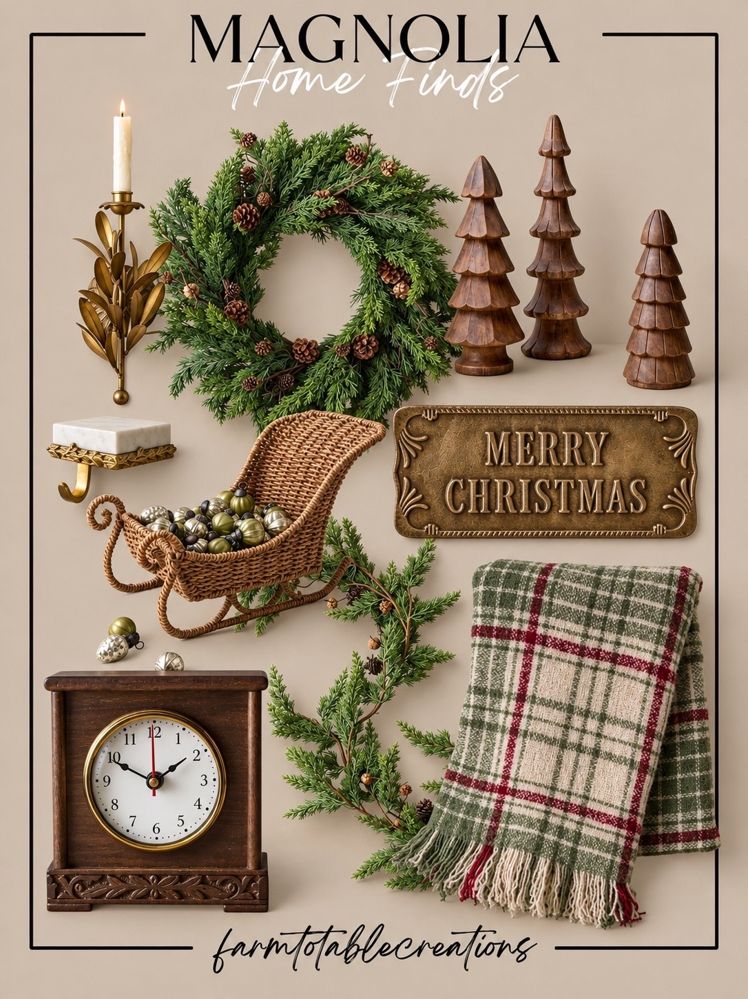 Magnolia Christmas Home Finds 🎄🤎

These Magnolia Christmas finds have that cozy, collected holiday look I love! Natural greenery, warm wood trees, aged brass, woven textures, and classic plaid come together for a Christmas style that feels traditional, timeless, and effortlessly inviting.

The wreath and garland are perfect for bringing greenery throughout the home, while the wooden trees, vintage-inspired clock, sleigh, and Merry Christmas sign add so much character. And that plaid throw is the perfect finishing layer for a cozy holiday space!

Follow @farmtotablecreations on Instagram for more cozy home finds and trending decor.

#LTKHome #MagnoliaHome #Magnolia #MagnoliaChristmas #ChristmasDecor #ChristmasFinds #HolidayDecor #TraditionalChristmas #CozyChristmas #VintageChristmas #ChristmasHome #HolidayHome #ChristmasInspo #CozyHome #LTKHoliday

#LTKSeasonal #LTKHome