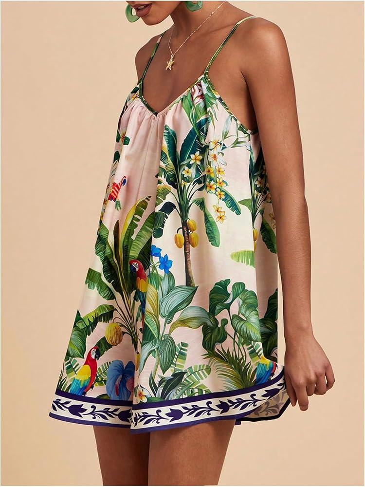 Milumia Women's Tropical V Neck Romper Summer Vacation Boho Beach Outfits | Amazon (US)