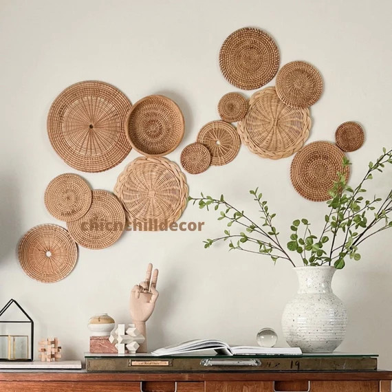 Set of 14 Boho Wall Decor,Seagrass Baskets Wall Decor, Wicker Hanging Wall Basket, Natural Boho W... | Etsy (US)