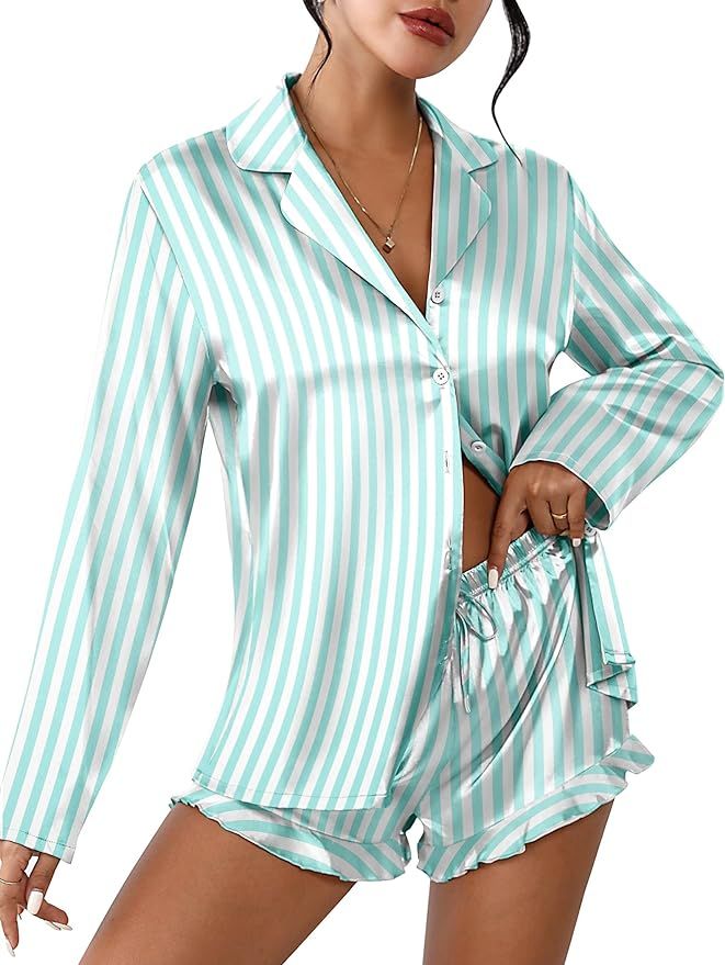 Ekouaer Womens Satin Pajama Sets Long Sleeve Top and Shorts Lounge Set Button Down Sleepwear S-XX... | Amazon (US)