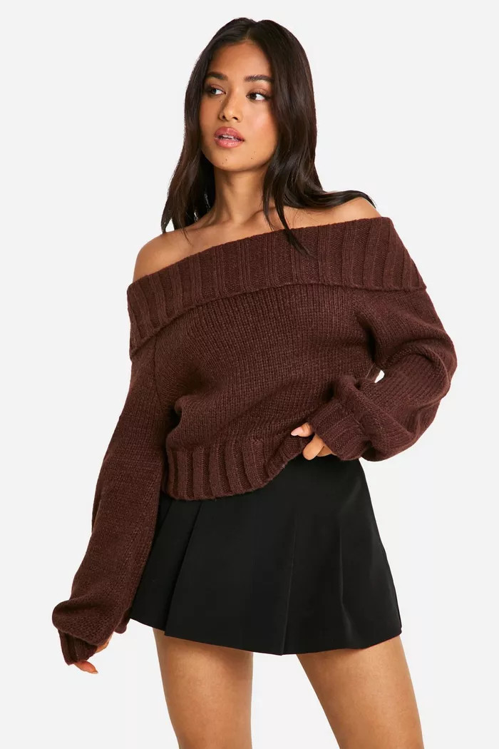 Petite Ribbed Bardot Balloon Sleeve Knitted Jumper | Boohoo.com (UK & IE)