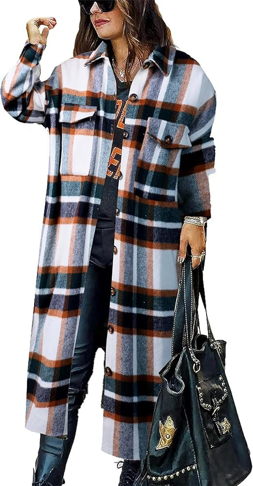 PUWEI Women's Casual Lapel Button Down Long Plaid Shirt Coat Tartan Shacket Jacket | Amazon (US)