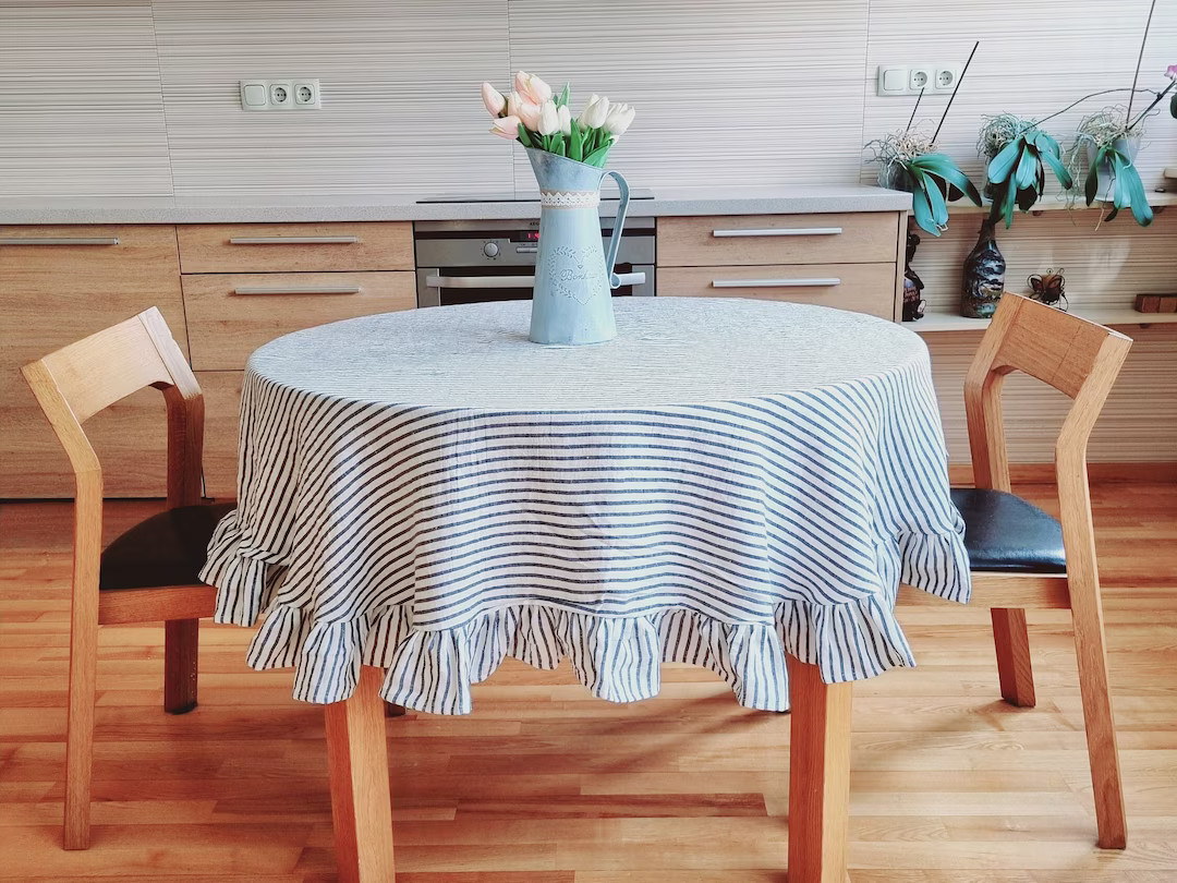 Round Ruffled Linen Tablecloth, Striped Table Cloth With Ruffles, Round Stripy Linen Tablecloth, ... | Etsy (US)