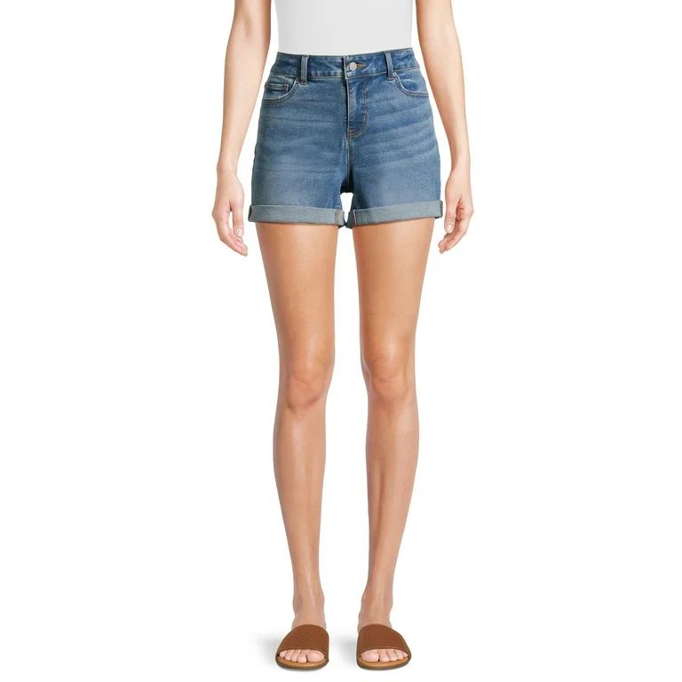 Time and Tru Women's Mid-Rise Double Roll Denim Shorts, 4" Inseam, Sizes 2-20 | Walmart (US)