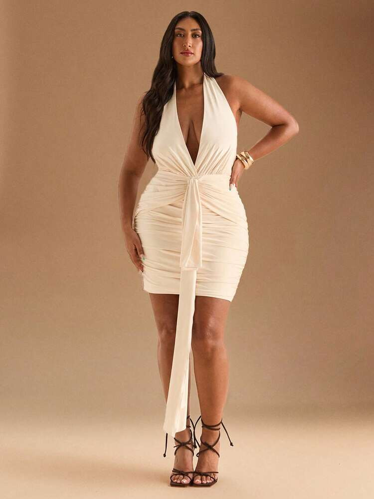 SHEIN BAE Plus Size Women's Sexy Solid Color Backless Halter Mini Dress, New  Fall Fashion Clothe... | SHEIN