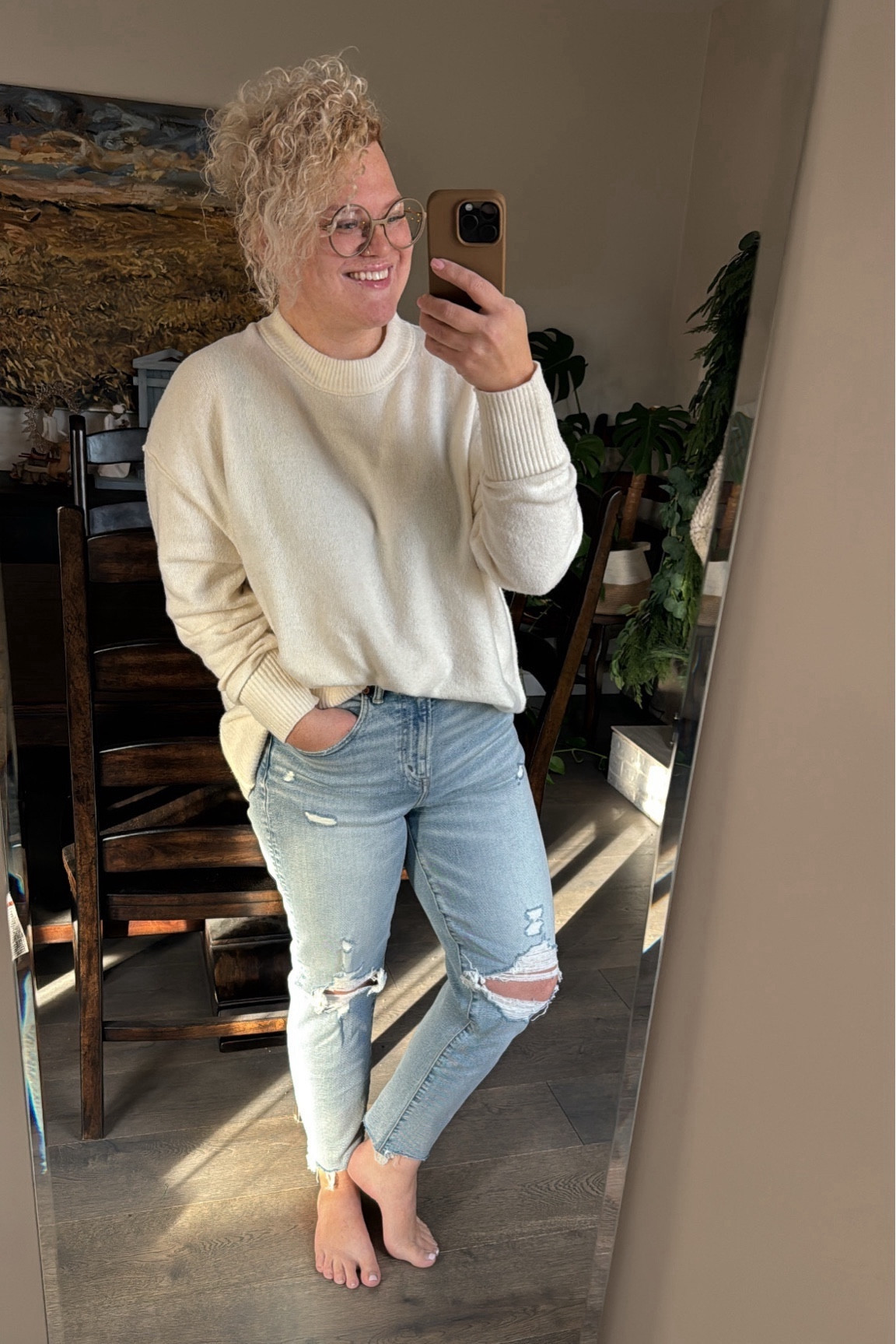 The perfect amount of distressing in the most beautiful denim, but it is a bit more pricier when it comes to AE pricing. Wait for a sale on these babies. They are the AE77 brand, but are a beautiful fit. I’m 5’3 wearing an 8 Short  

#LTKmidsize #LTKstyletip #LTKSeasonal