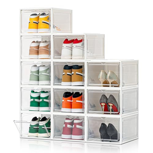Upgraded X-Large 12 Pack Clear Shoe Storage Organizer,Stackable Shoe Rack for Closet,Plastic Shoe Boxes with Magnetic Door,Shoe Containers For Sneaker Display,Fit up to US Size13 (White, 12 Pack) | Amazon (US)
