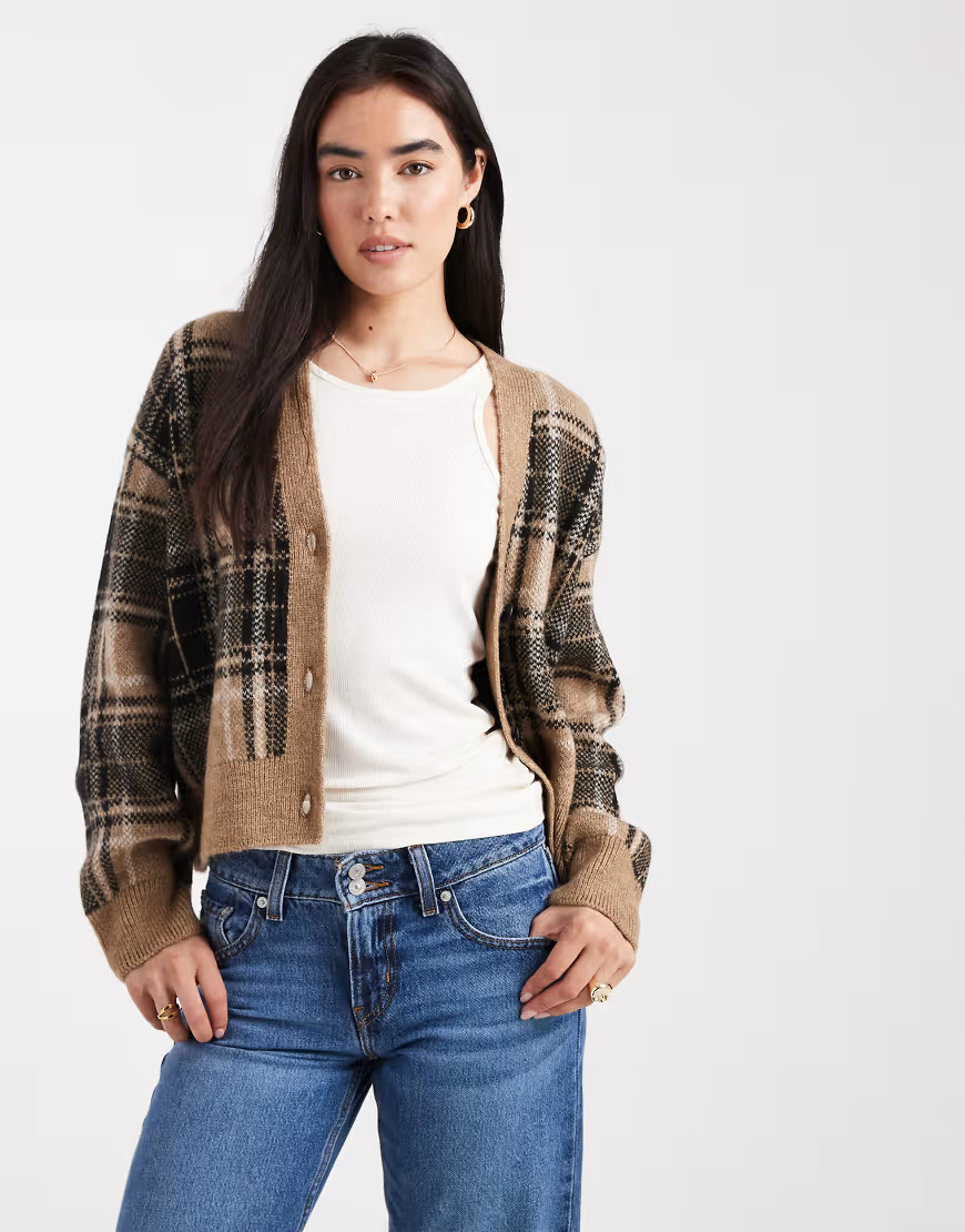 New Look plaid cardigan in brown | ASOS (Global)