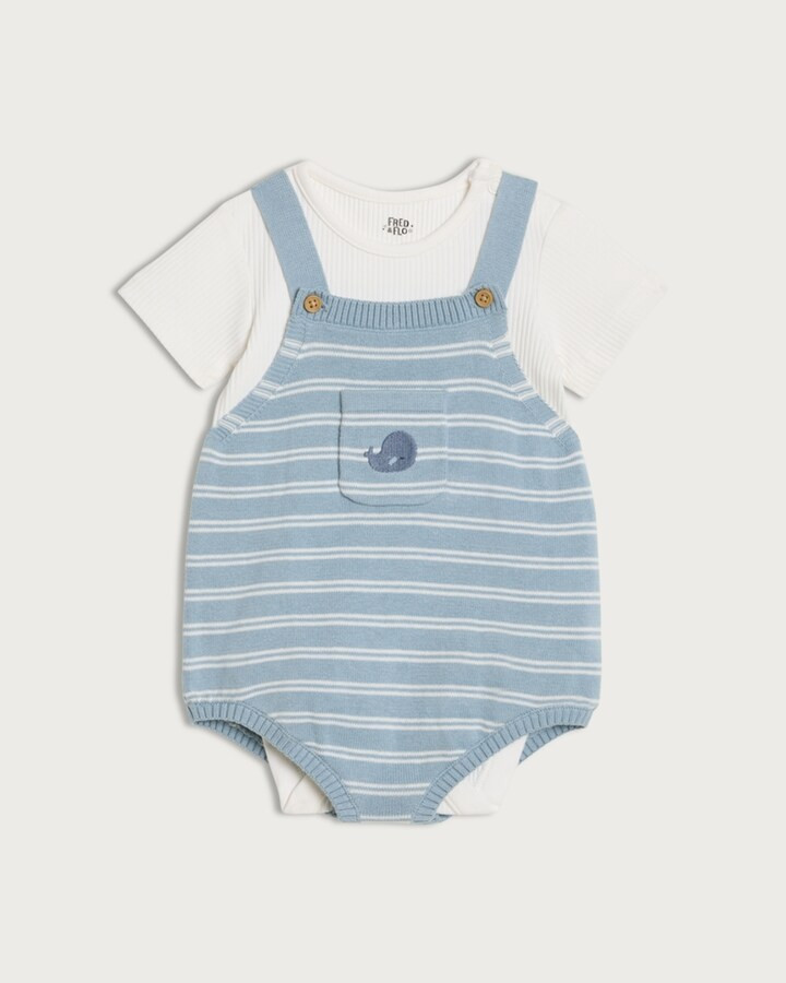 F&F Baby 2-Piece Cotton Rich Striped Knitted Dungarees and Bodysuit Set in Blue | Tesco F&F