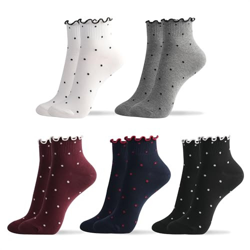 kikiya socks Women Cute Ankle | 5 Pairs Ruffle Design with Polka Dots Pattern Cute Frilly Lace Mid Cut Black White Gray Wine Navy Print Daily Cotton Socks | Womens Ladies Girls Gift | Ruffle Dot A | Amazon (US)