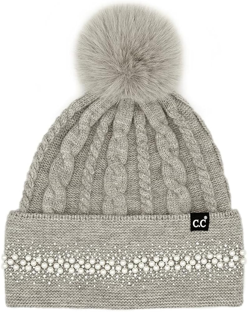 ScarvesMe Women Winter Soft Pearl Rhinestone Embellishment Beanie with Fur Pom | Amazon (US)