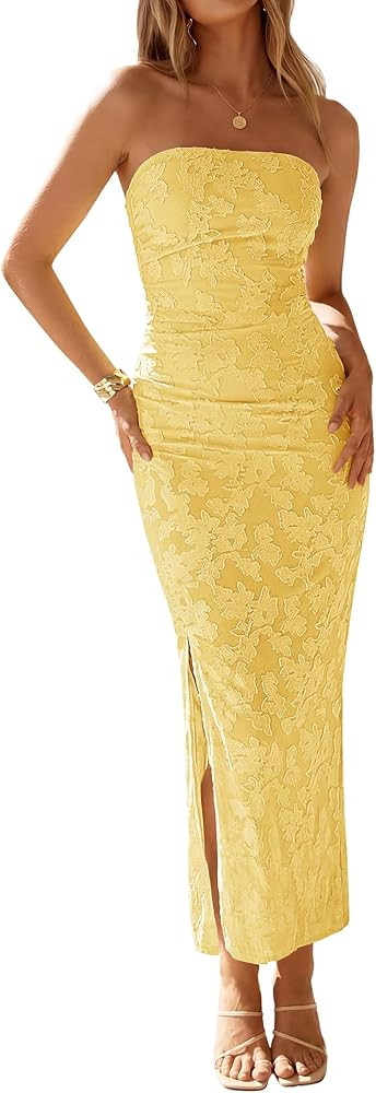 ZESICA Womens 2026 Summer Floral Strapless Maxi Dress Bodycon Side Slit Mesh Formal Cocktail Part... | Amazon (US)