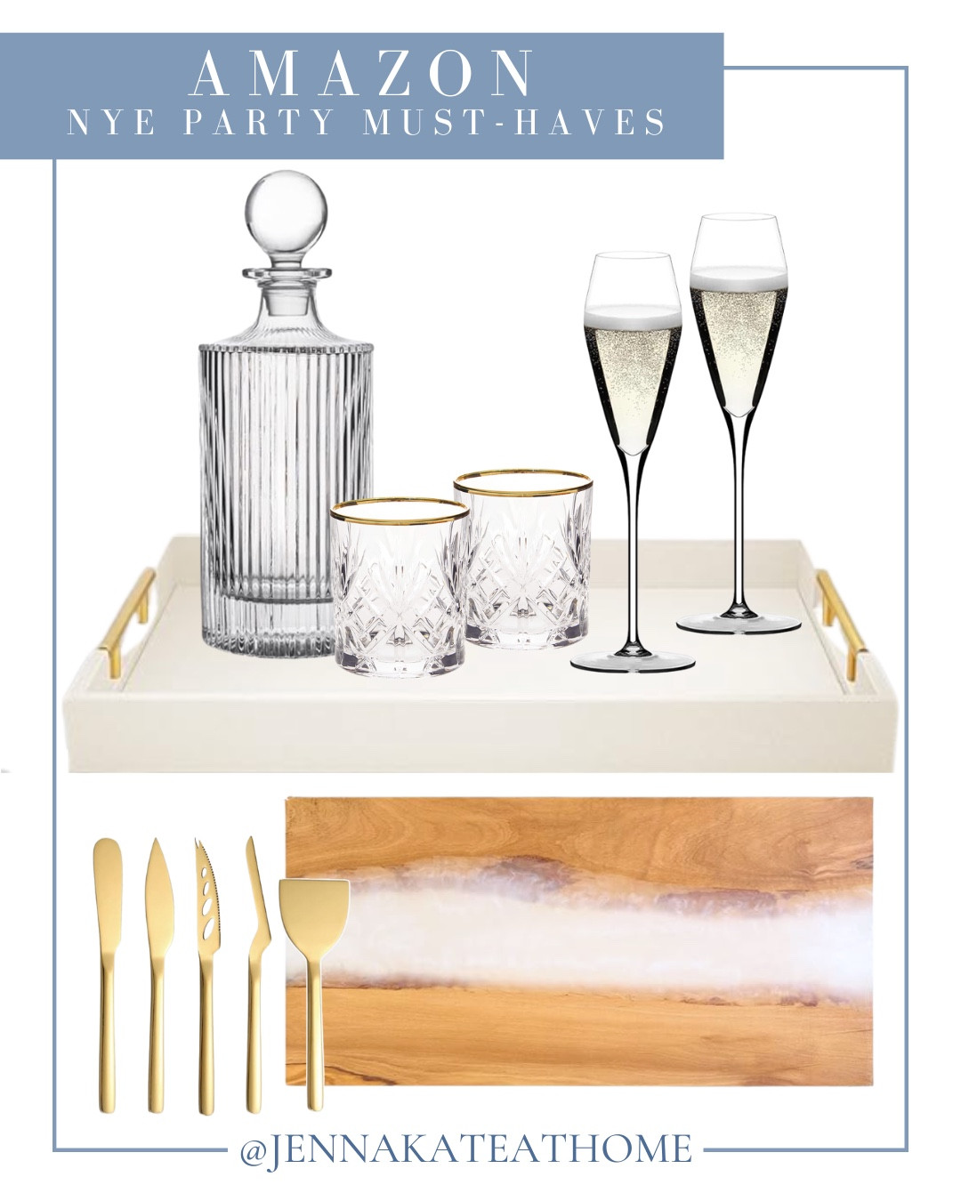 NYE part must-haves include champagne glasses, whiskey glasses, decanter, cheese knives, charcuterie board.

NYE party, hosting, hosting must-haves

#LTKHoliday #LTKFindsUnder50 #LTKHome