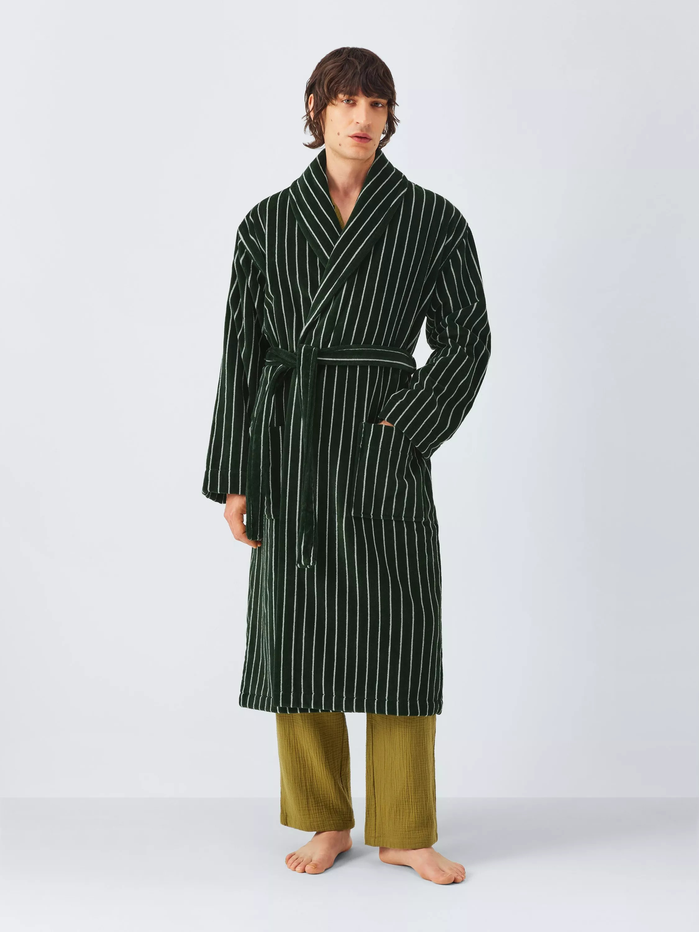 John Lewis Velour Stripe Robe, Dark Green | John Lewis (UK)