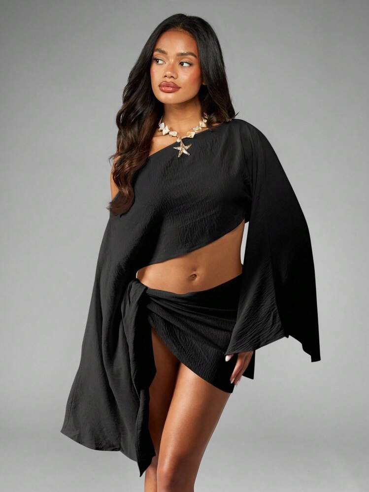 MISSGUIDED Beach Linen Feel Co Ord Set Cover Up Long Bell Sleeve Wrap Style Resort Wear Summer Holiday Swimsuit Cover Up Beachwear | SHEIN