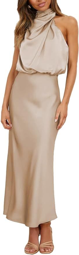 Hatant Satin Maxi Dress for Women Silk Wedding Guest Dress Maxi Dress Sleeveless Elegant Halter N... | Amazon (US)