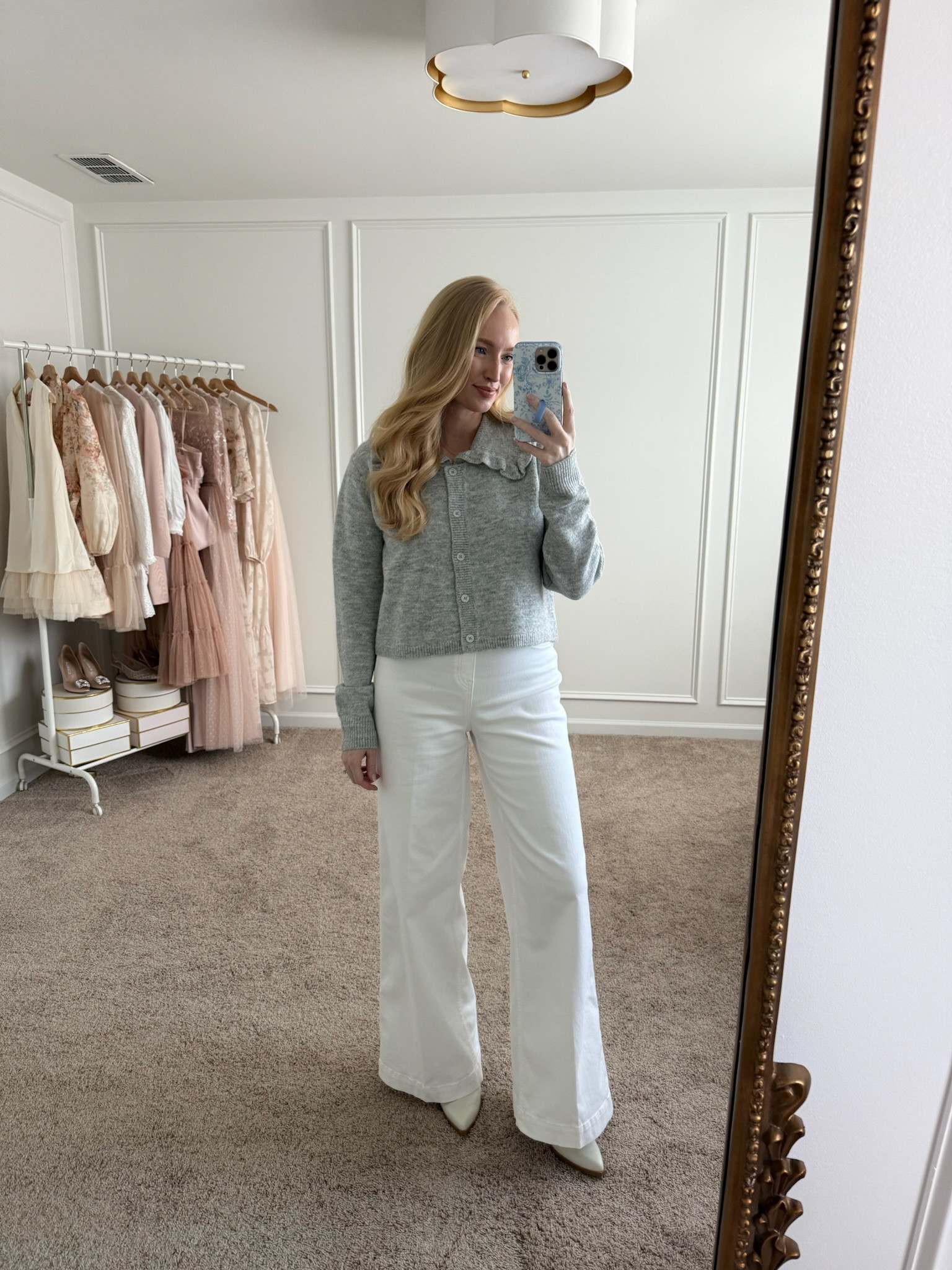 Cute winter to spring transitional workwear outfit idea! Wearing size small in the top and size small in these Spanx wide leg jeans. If between sizes, I recommend sizing upon the jeans. Use my code AMANDAJOHNXSPANX for 20% off your first Spanx order. Transitional outfits // spring outfits // workwear // work outfits // white jeans 

#LTKStyleTip #LTKWorkwear #LTKSeasonal