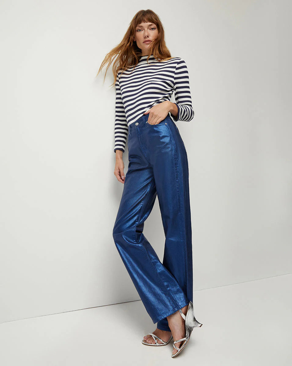 Veronica Beard Dylan Metallic Straight-Leg Jean True Navy | Veronica Beard