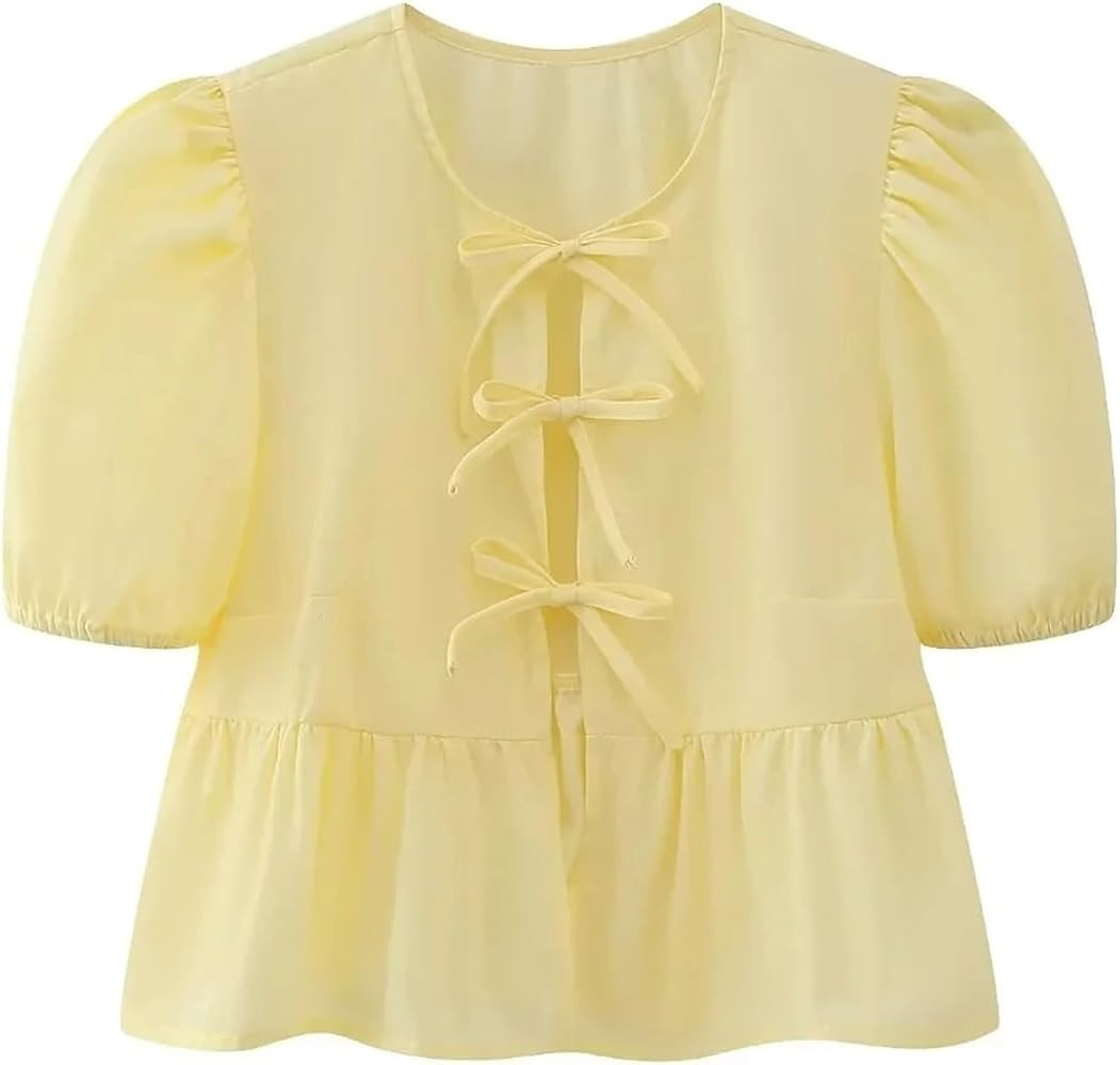 Women Tie Front Puff Sleeve Blouse Peplum Shirt Cute Casual Babydoll Tops Teen Girls Cute Summer ... | Amazon (US)