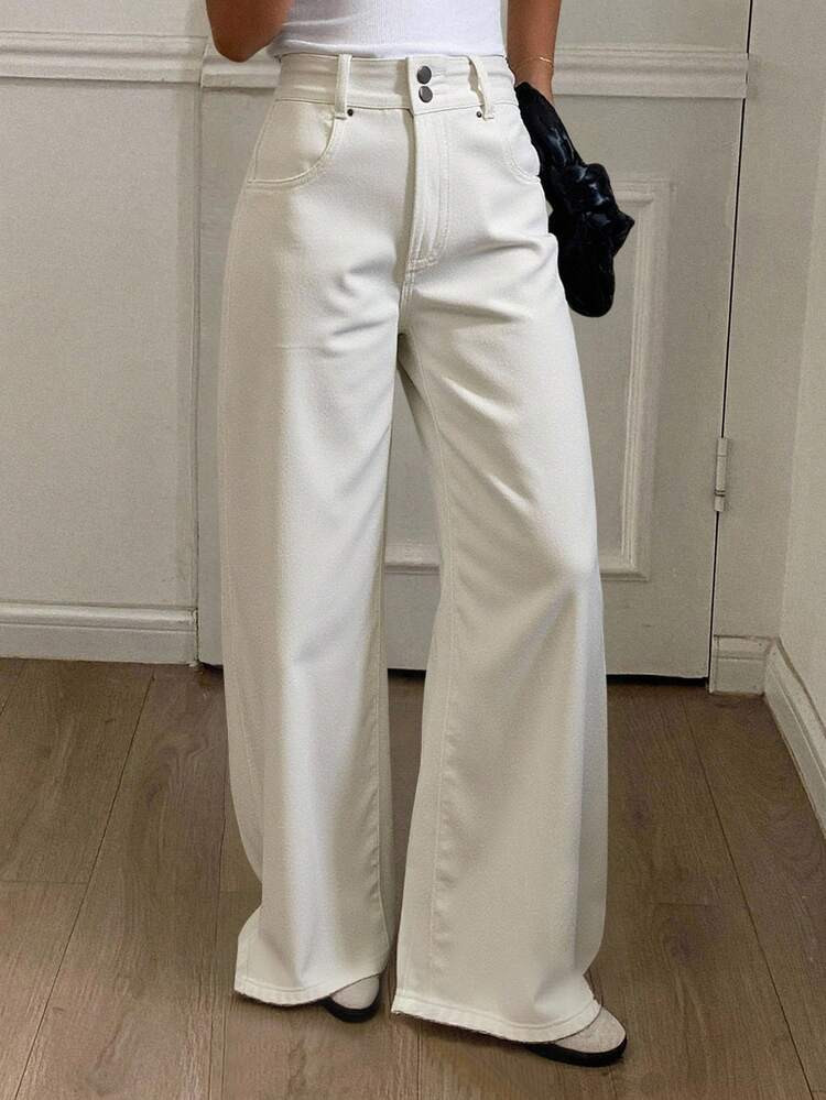 Livesso Jeans Blancos De Mezclilla Holgados Y Casuales Para Mujer, Otoño | SHEIN