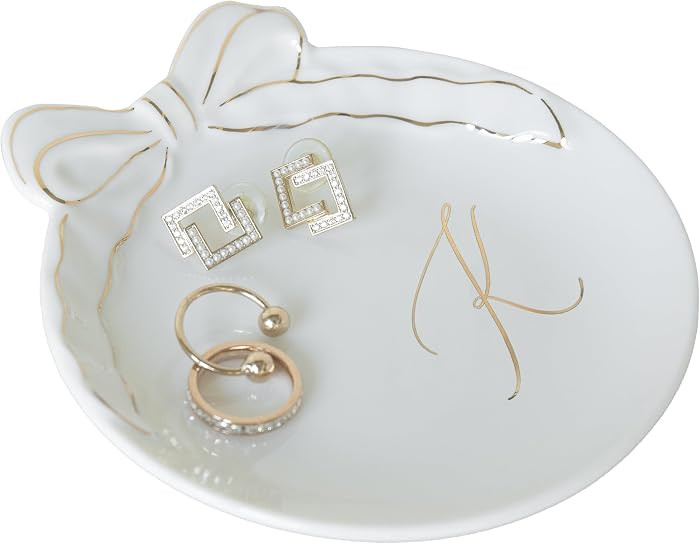 COLLECTIVE HOME Custom Initial Ceramic Jewelry Tray with Bow - Ring Holder & Earring Dish | Chris... | Amazon (US)