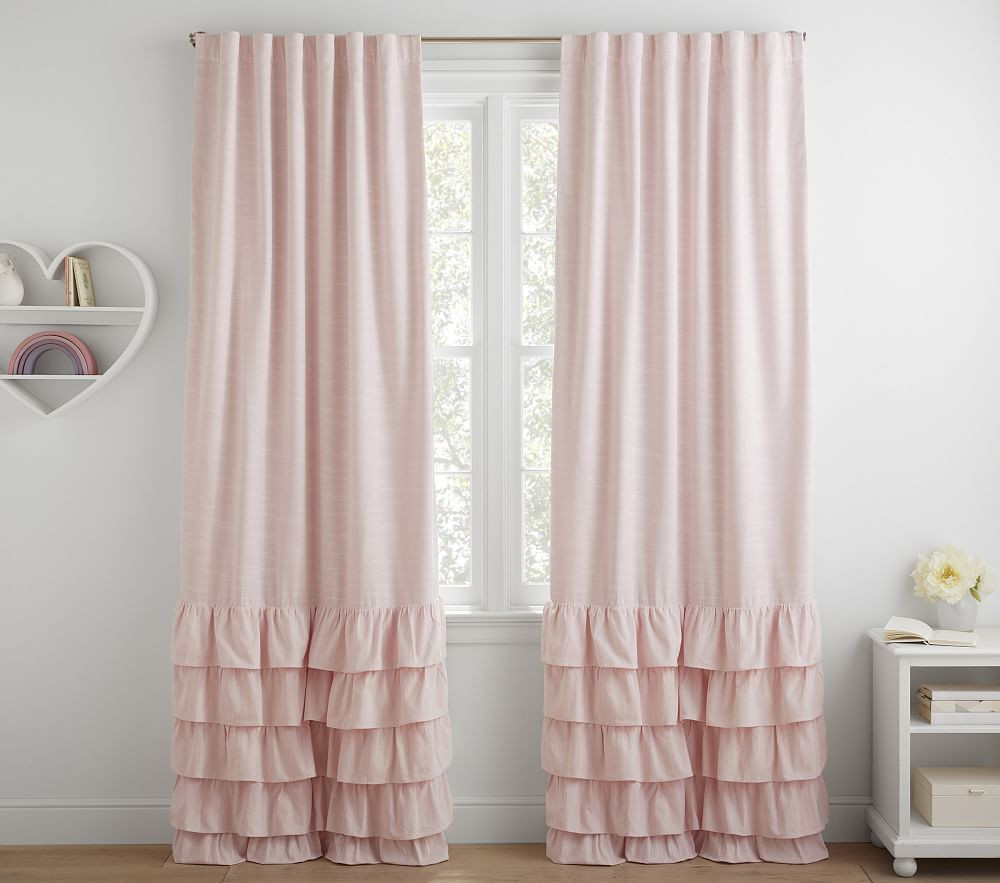 Evelyn Linen Blend Ruffle Bottom Blackout Curtain | Pottery Barn Kids
